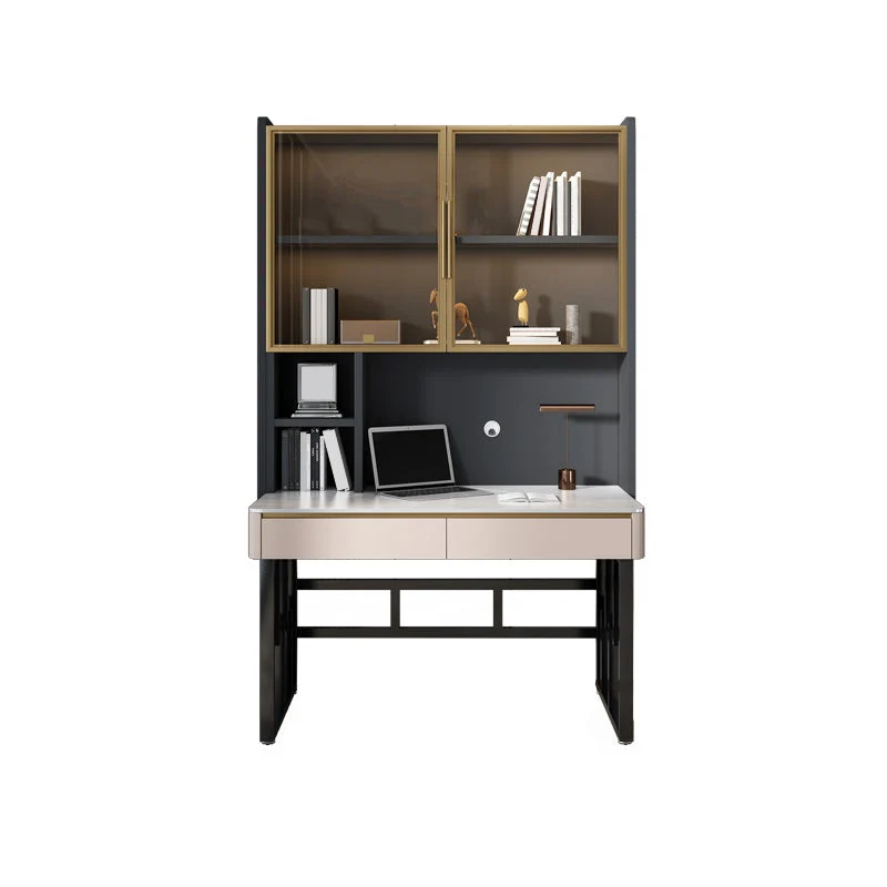 Bureau de bureau moderne de forme rectangulaire, bureau d'écriture en pierre, blanc/gris Clearhalo