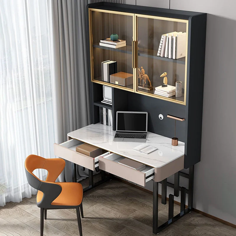 Bureau de bureau moderne de forme rectangulaire, bureau d'écriture en pierre, blanc/gris Clearhalo