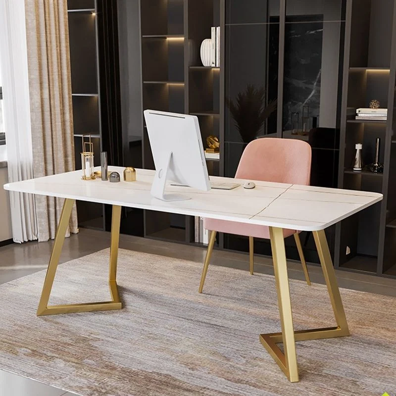 Bureau de bureau en pierre moderne, bureau d'écriture blanc en métal pour le bureau Clearhalo