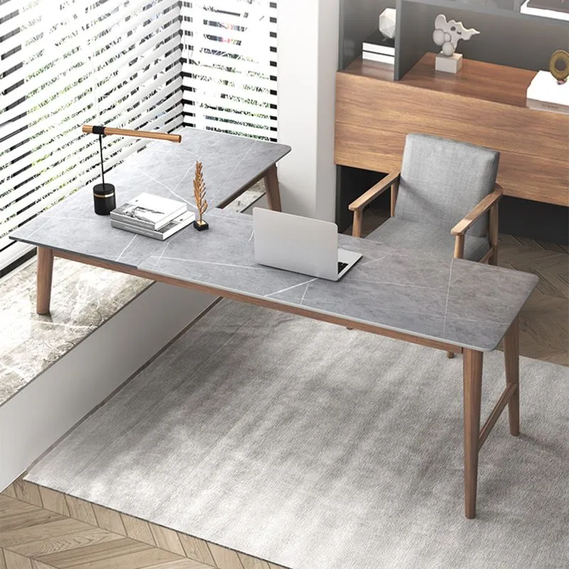 Bureau de bureau en pierre de style moderne, bureau d'écriture en forme de L de 29,25 pouces H Clearhalo