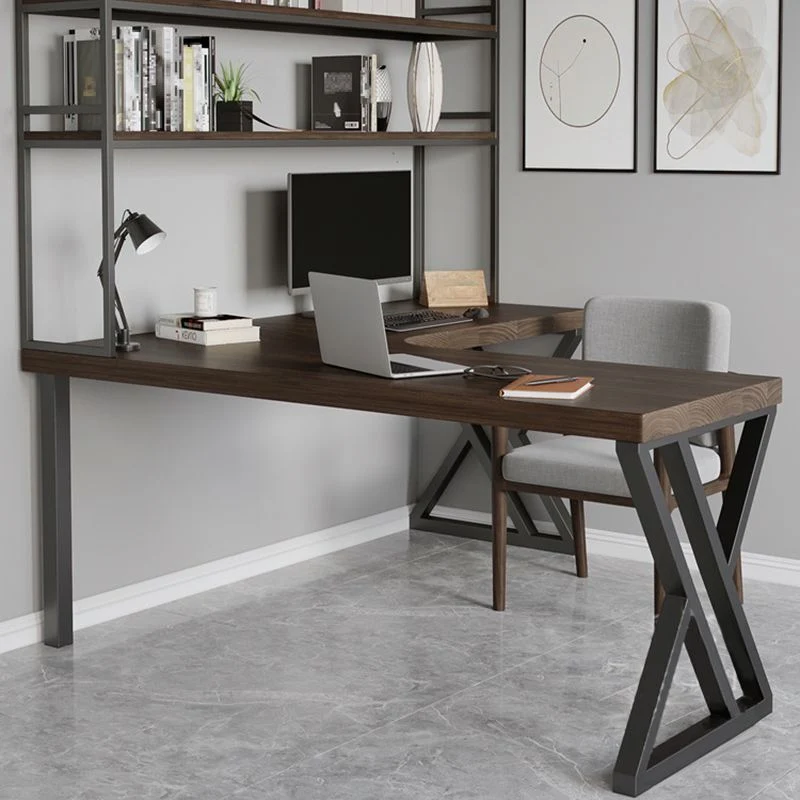 Bureau de bureau en pin de style industriel, bureau d'écriture en acier en forme de L pour le bureau Clearhalo