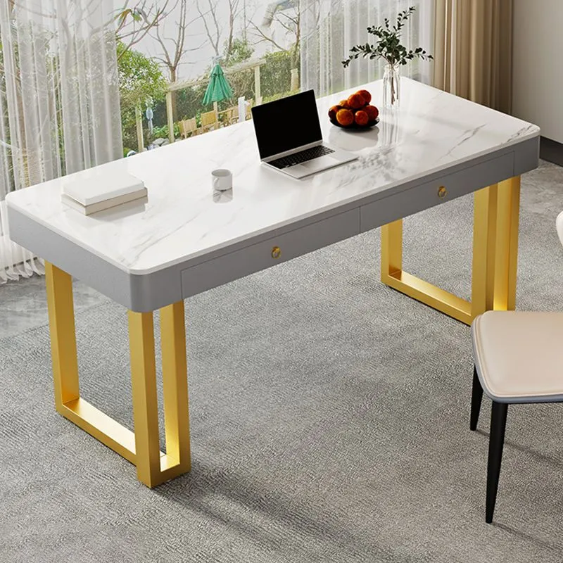 Bureau de bureau rectangulaire en pierre, style glamour, avec base en métal, pour bureau Clearhalo