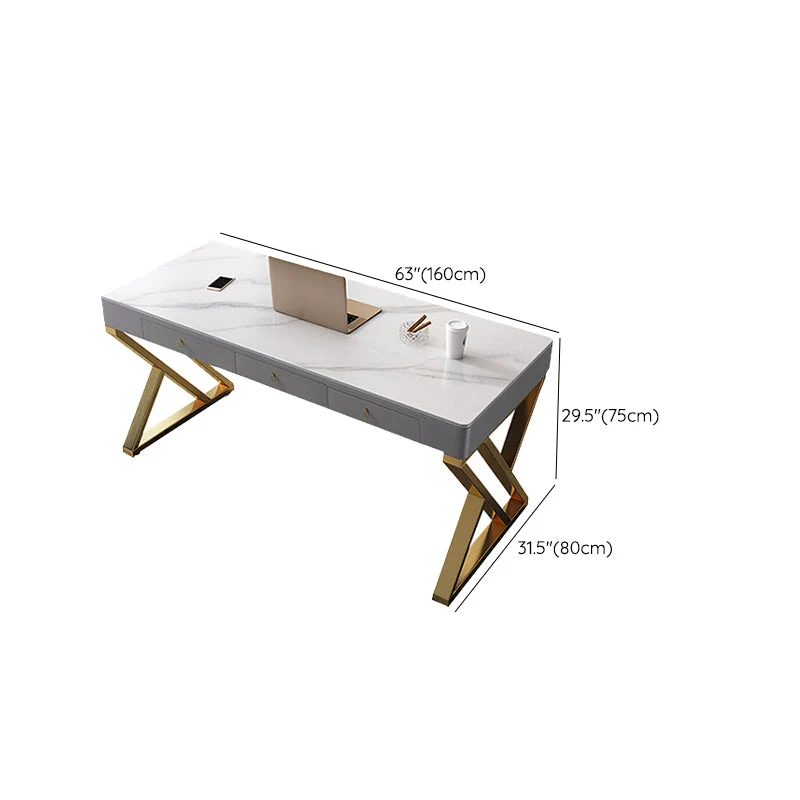 Bureau de bureau rectangulaire en pierre de style glamour avec base en métal Clearhalo