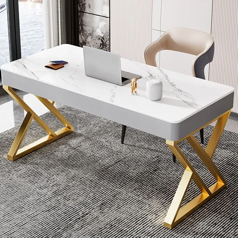 Bureau de bureau rectangulaire en pierre de style glamour avec base en métal Clearhalo