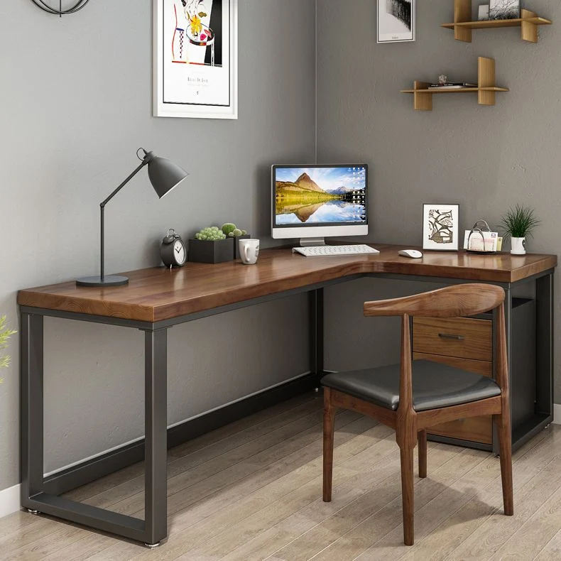Bureau de bureau de style industriel Bureau d'écriture en bois en forme de L pour la maison marron Clearhalo