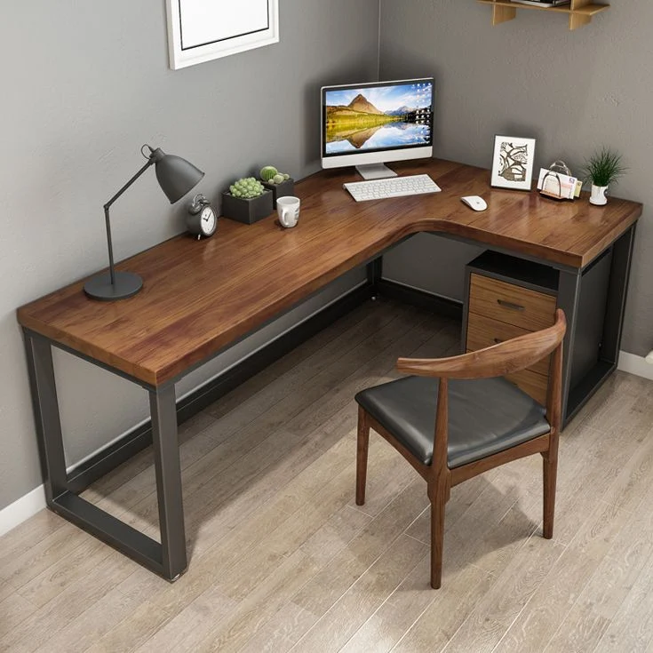 Bureau de bureau de style industriel Bureau d'écriture en bois en forme de L pour la maison marron Clearhalo