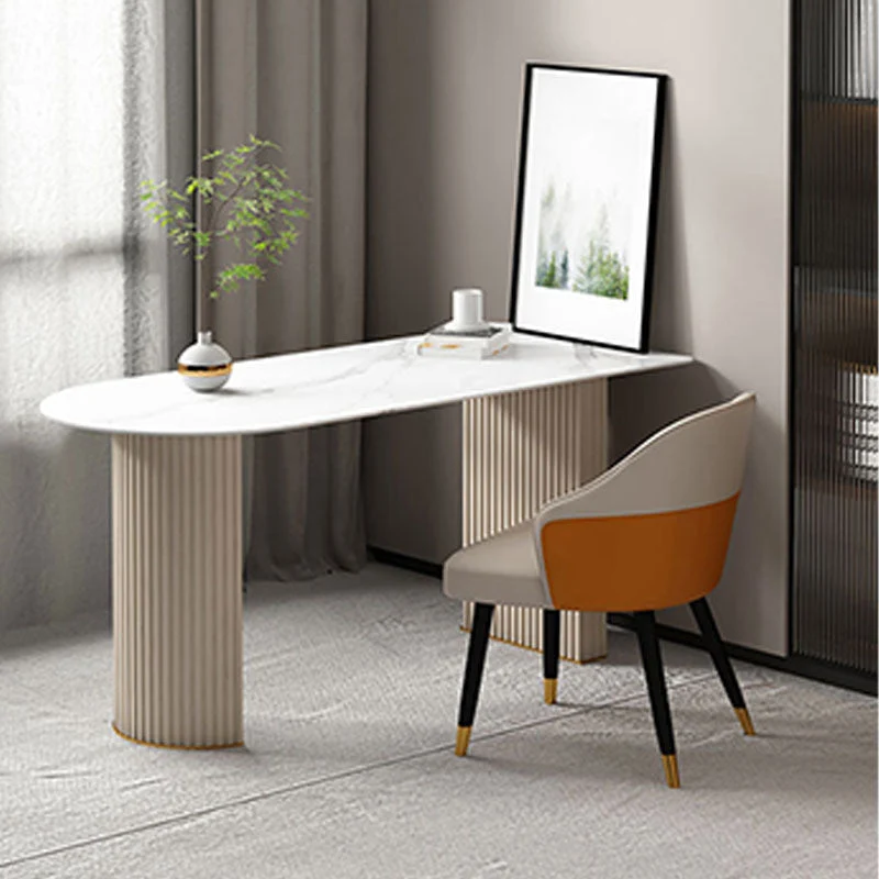 Bureau de bureau sur pied Glam Bureau d'écriture en métal et pierre beige pour bureau Clearhalo