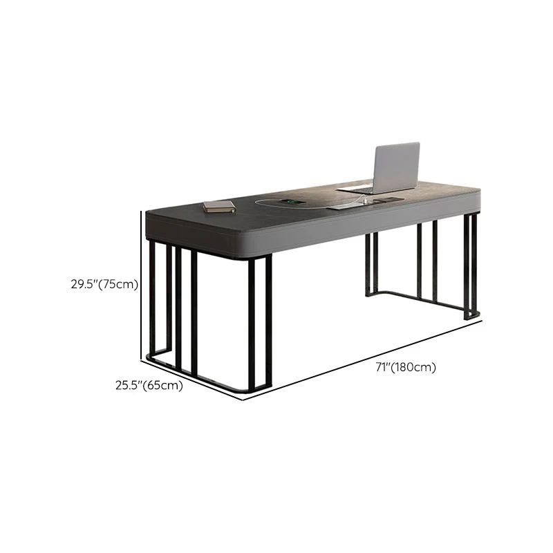 Bureau de bureau taupe foncé et noir, bureau en pierre et acier inoxydable avec 2 tiroirs Clearhalo