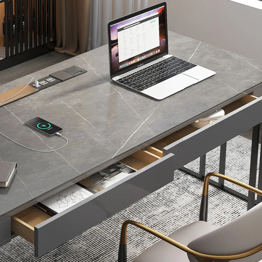 Bureau de bureau taupe foncé et noir, bureau en pierre et acier inoxydable avec 2 tiroirs Clearhalo