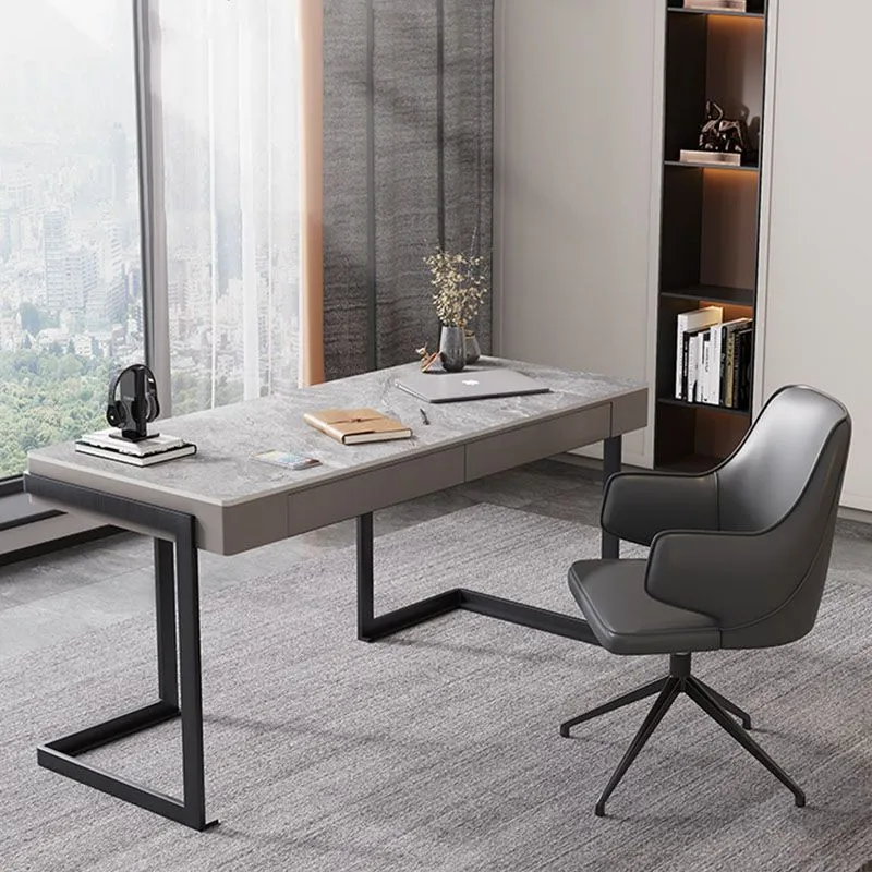 Bureau de bureau à 2 tiroirs de Style moderne, plateau gris en pierre frittée pour la maison Clearhalo