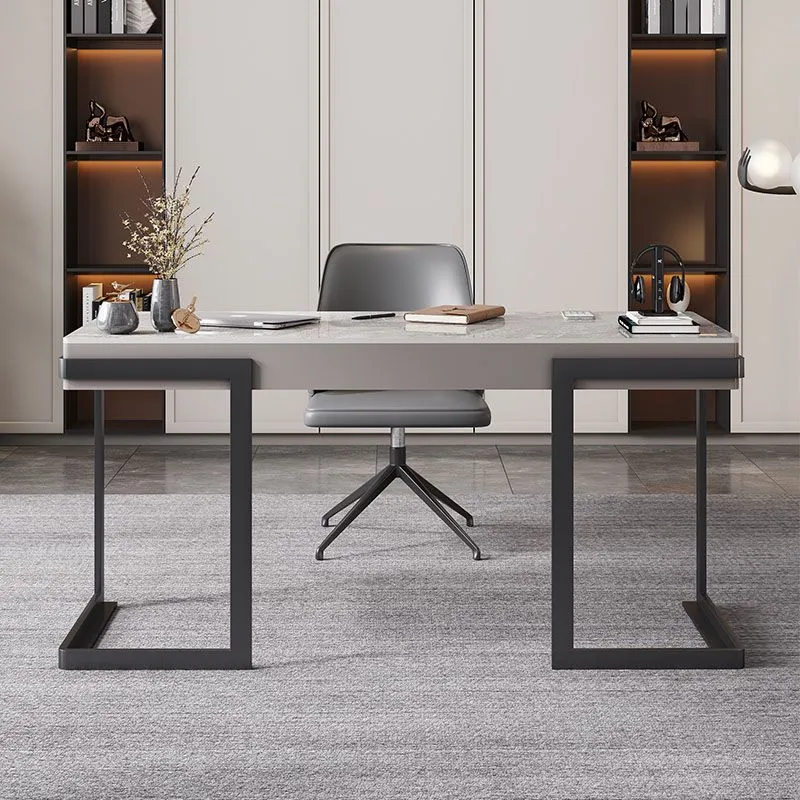 Bureau de bureau à 2 tiroirs de Style moderne, plateau gris en pierre frittée pour la maison Clearhalo