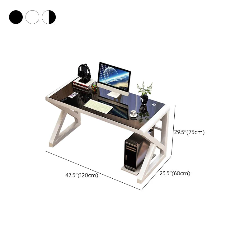 Bureau de bureau en verre trempé, bureau de travail de forme rectangulaire avec 2 pieds pour la maison Clearhalo