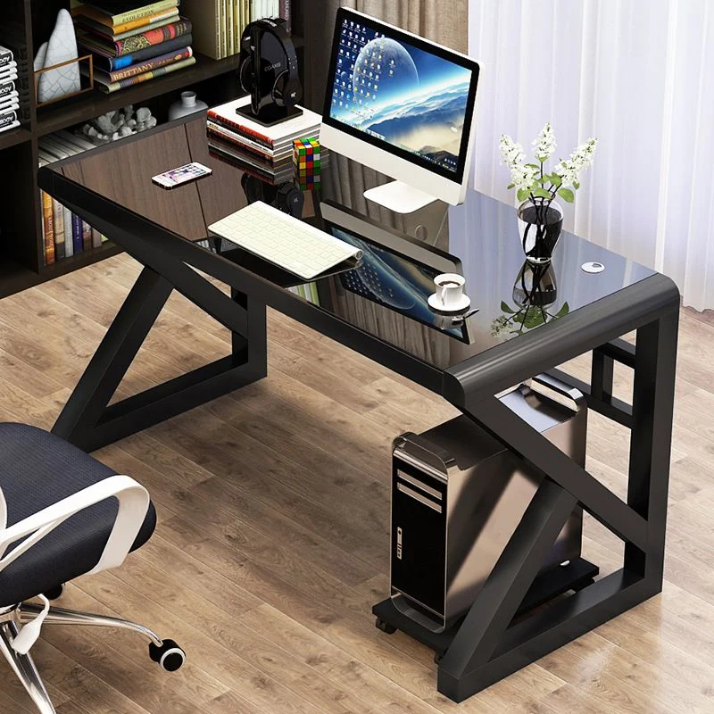 Bureau de bureau en verre trempé, bureau de travail de forme rectangulaire avec 2 pieds pour la maison Clearhalo