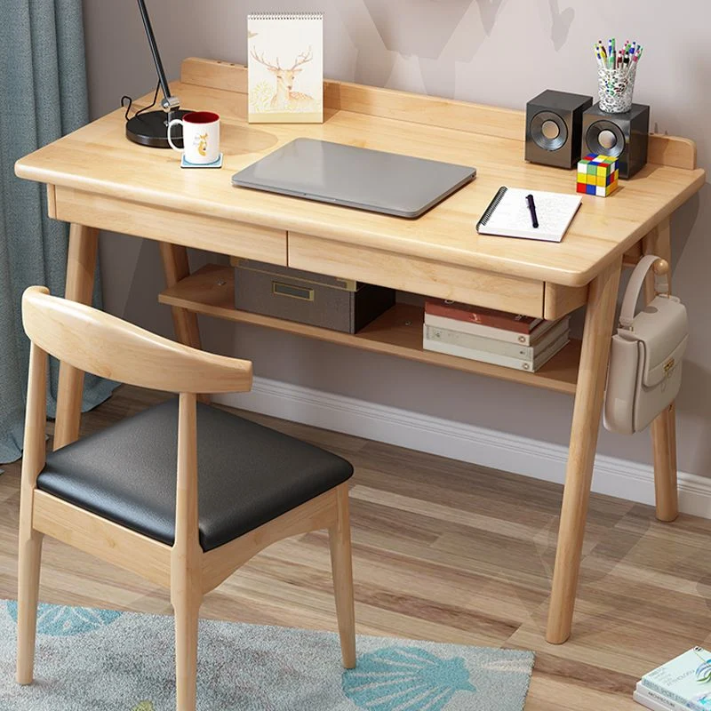 Bureau de chambre rectangulaire, bureau d'écriture en bois massif avec 2 tiroirs de rangement Clearhalo