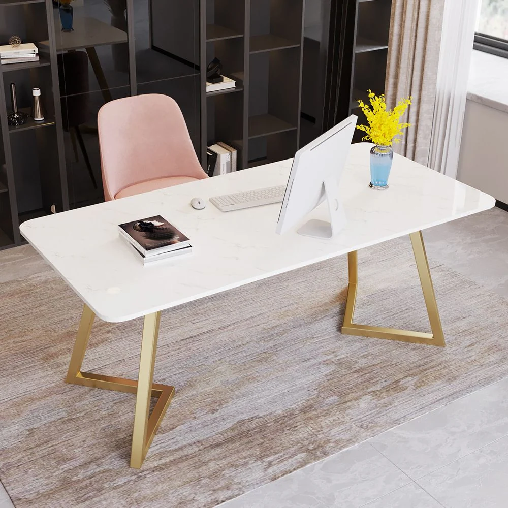 Bureau contemporain de 29,53 po de haut, bureau incurvé à 1 étagère avec pieds en métal Clearhalo