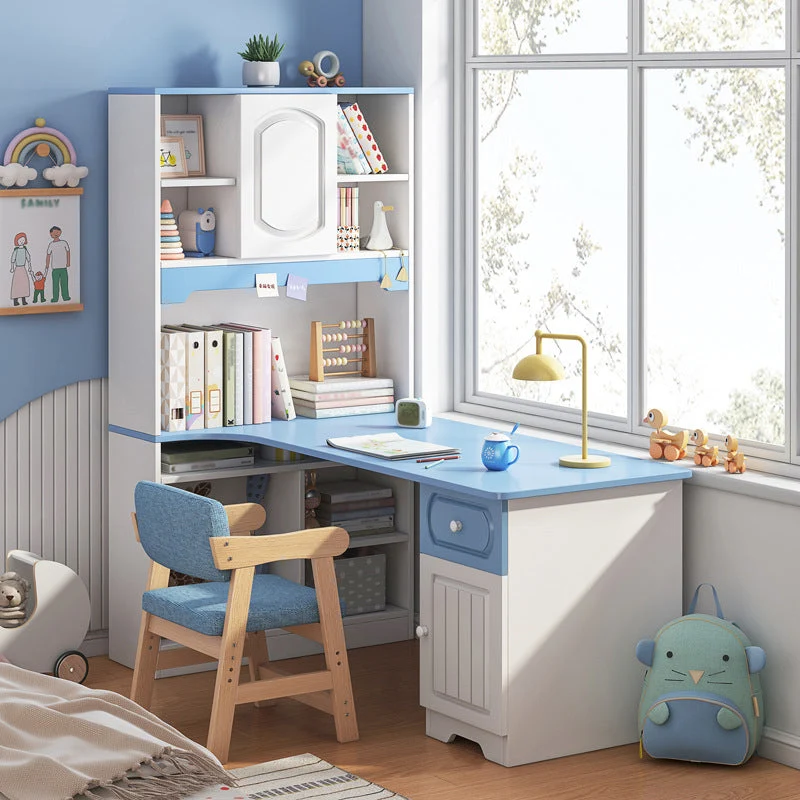 Bureau d'angle contemporain en bois manufacturé avec bibliothèque Clearhalo