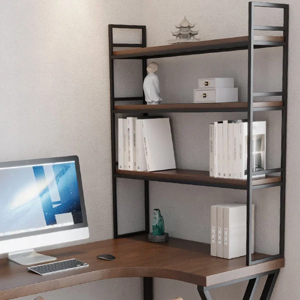Bureau d'angle droit en forme de L, bureau d'écriture marron moderne et contemporain avec étagère Clearhalo