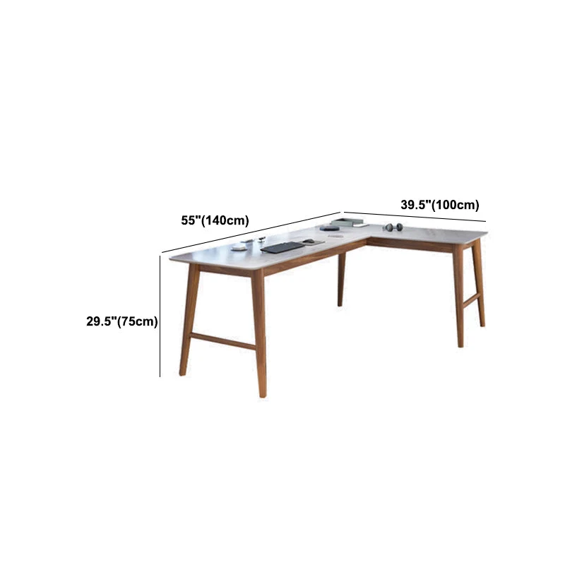 Bureau d'angle moderne du milieu du siècle en bois de pin en forme de L avec plateau en pierre Clearhalo