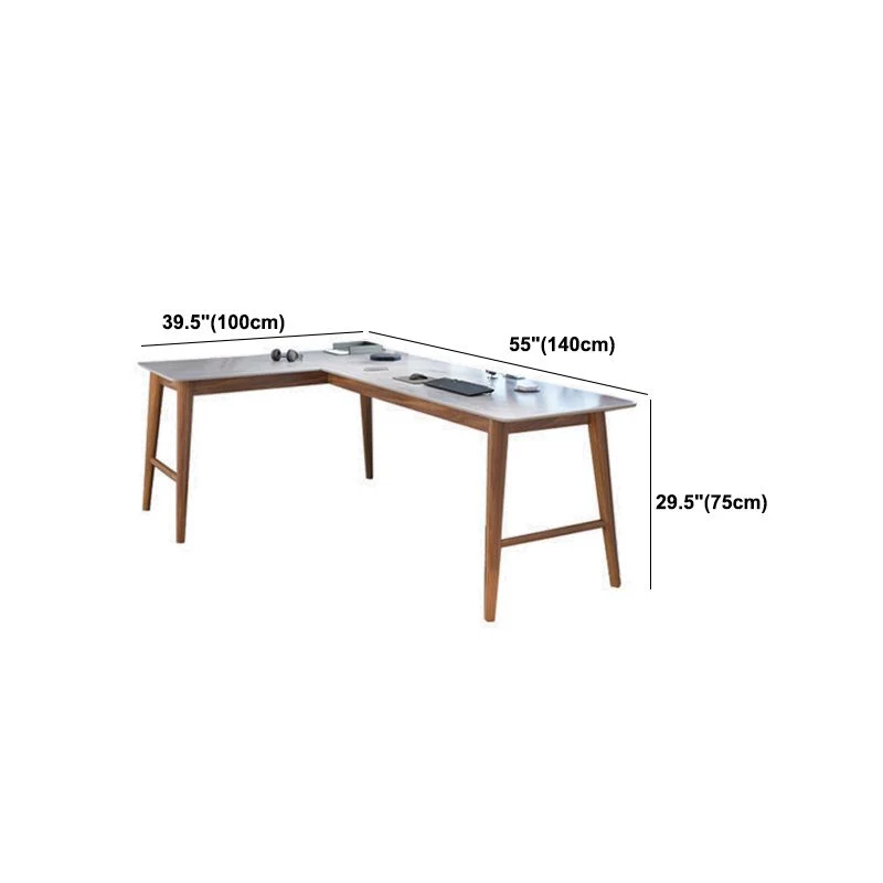 Bureau d'angle moderne du milieu du siècle en bois de pin en forme de L avec plateau en pierre Clearhalo