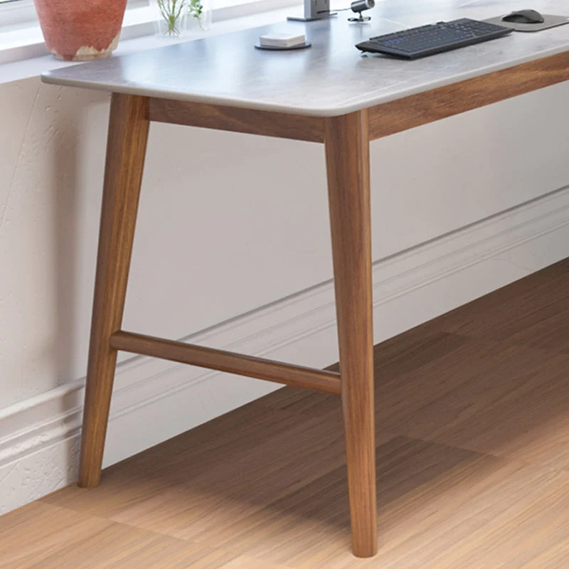 Bureau d'angle moderne du milieu du siècle en bois de pin en forme de L avec plateau en pierre Clearhalo