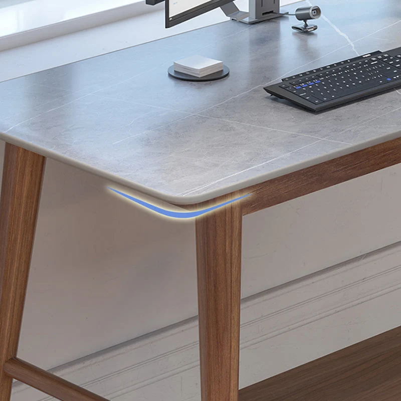 Bureau d'angle moderne du milieu du siècle en bois de pin en forme de L avec plateau en pierre Clearhalo
