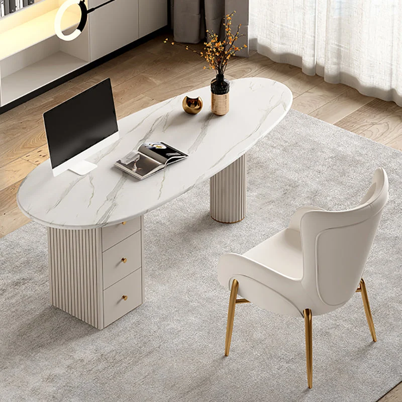 Bureau d'écriture blanc en pierre frittée avec trois tiroirs pour la maison et le bureau Clearhalo
