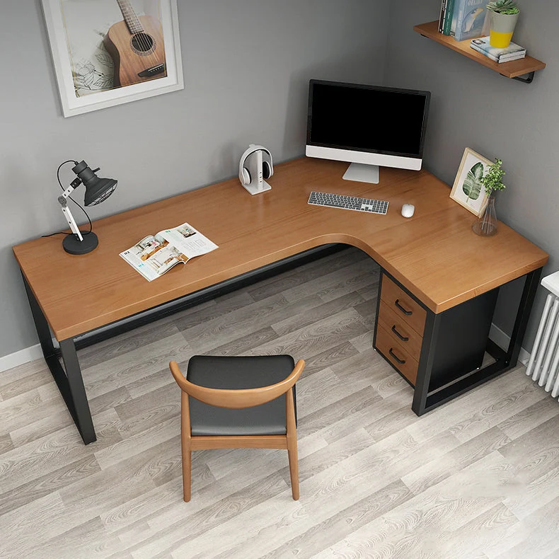Bureau d'écriture en bois massif, bureau en forme de L de style industriel avec base à tréteaux Clearhalo