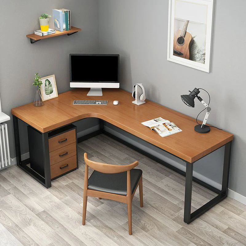 Bureau d'écriture en bois massif, bureau en forme de L de style industriel avec base à tréteaux Clearhalo