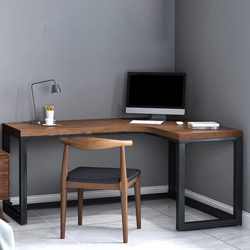 Bureau d'écriture en bois massif, bureau de travail industriel en forme de L pour le bureau à domicile Clearhalo