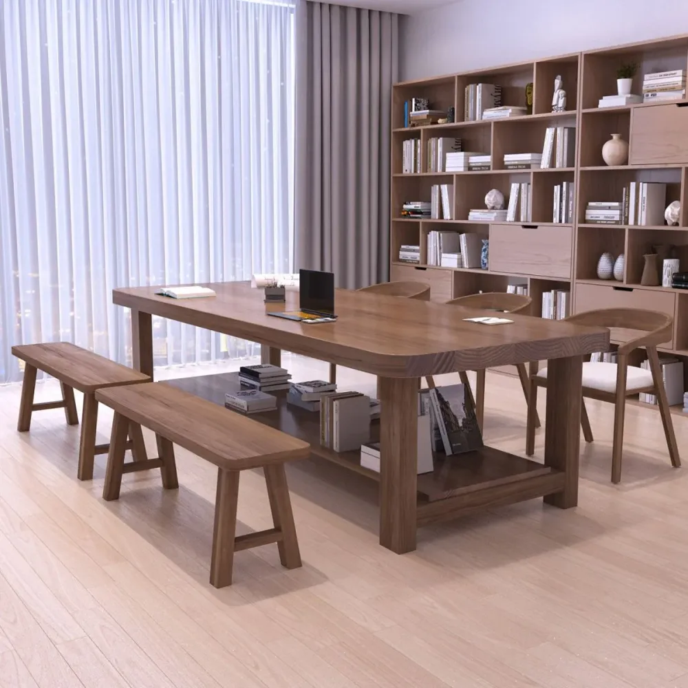 Bureau d'écriture contemporain en bois massif, bureau rectangulaire à 1 étagère avec base en H Clearhalo