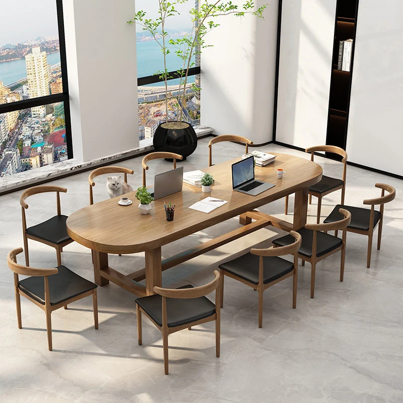 Bureau d'écriture contemporain naturel, bureau ovale en bois massif Clearhalo