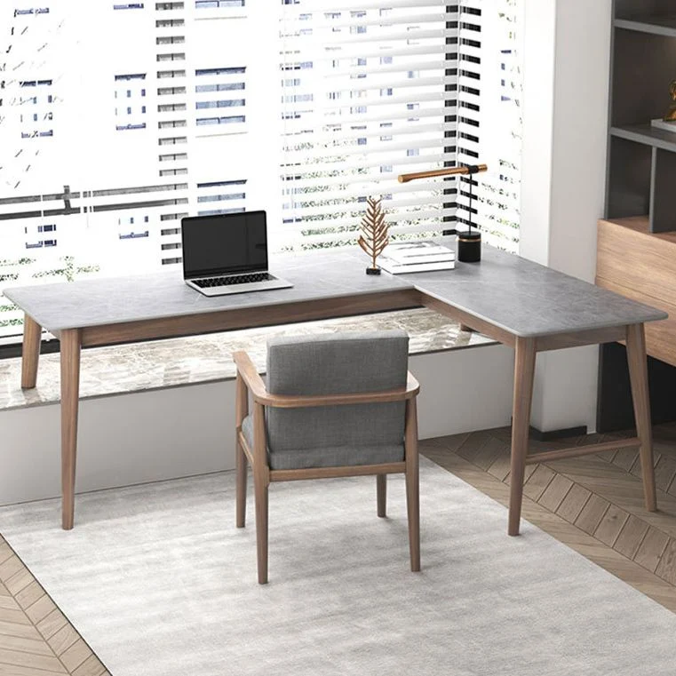 Bureau d'écriture d'angle en ardoise, pieds en bois massif, pour chambre à coucher ou bureau, baie vitrée Clearhalo