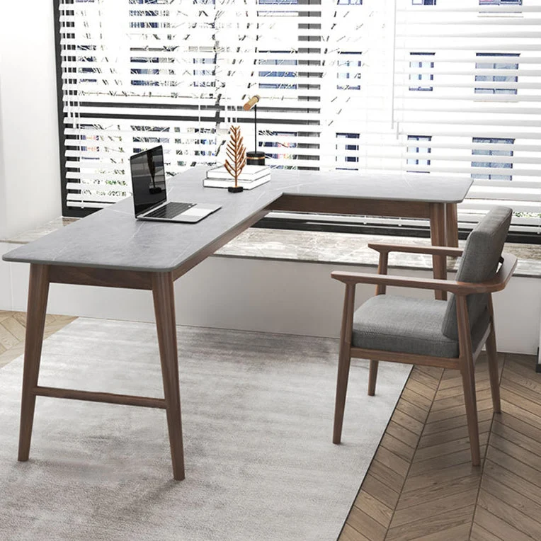 Bureau d'écriture d'angle en ardoise, pieds en bois massif, pour chambre à coucher ou bureau, baie vitrée Clearhalo