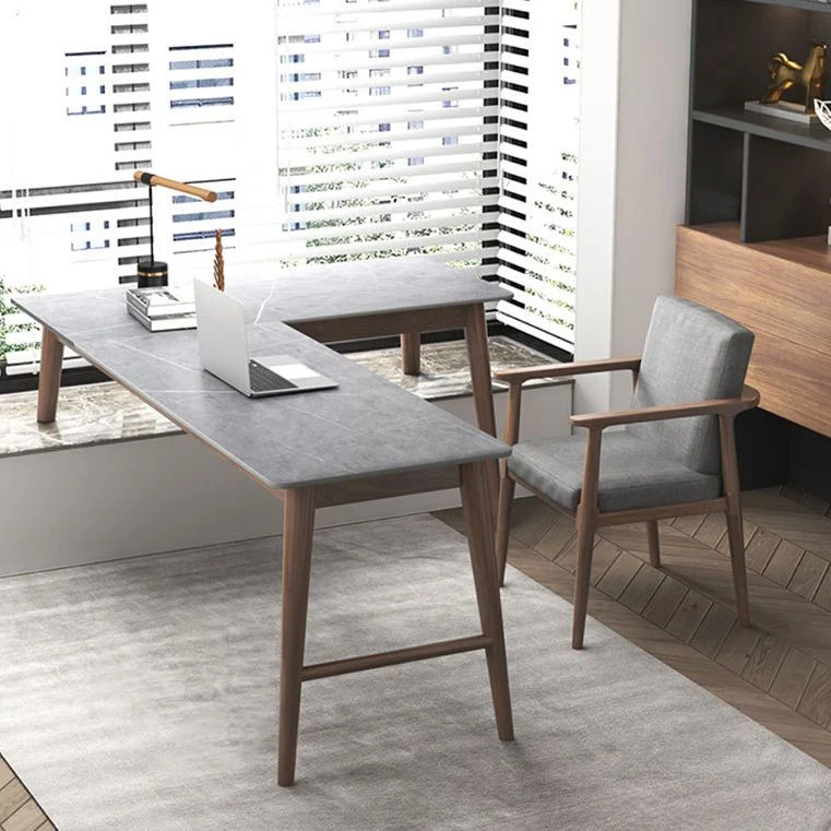 Bureau d'écriture d'angle en ardoise, pieds en bois massif, pour chambre à coucher ou bureau, baie vitrée Clearhalo