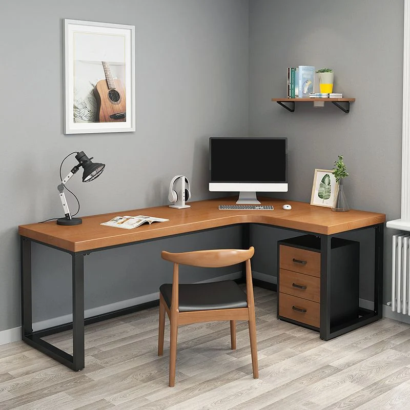 Bureau d'écriture d'angle contemporain marron, bureau en bois de pin, bureau noir en forme de H Clearhalo