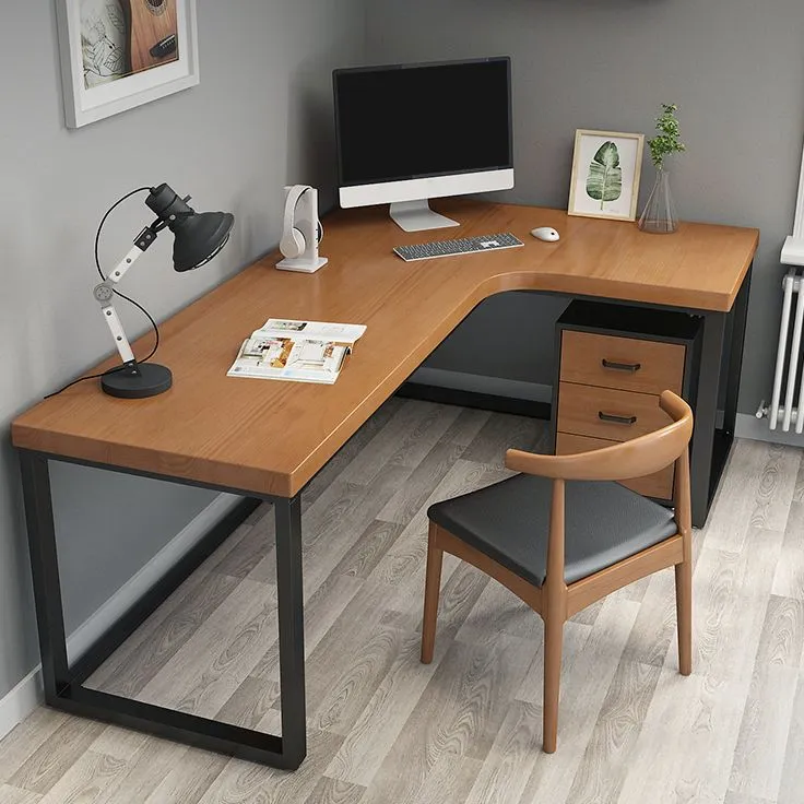 Bureau d'écriture d'angle contemporain marron, bureau en bois de pin, bureau noir en forme de H Clearhalo