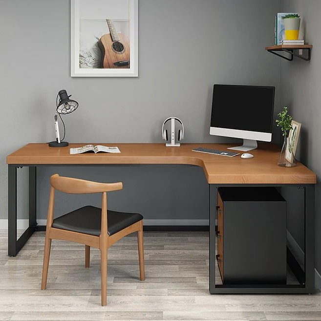 Bureau d'écriture d'angle contemporain marron, bureau en bois de pin, bureau noir en forme de H Clearhalo