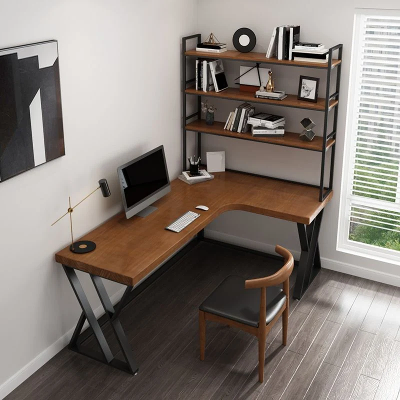 Bureau d'écriture en forme de L en bois massif, bureau moderne avec étagère Clearhalo