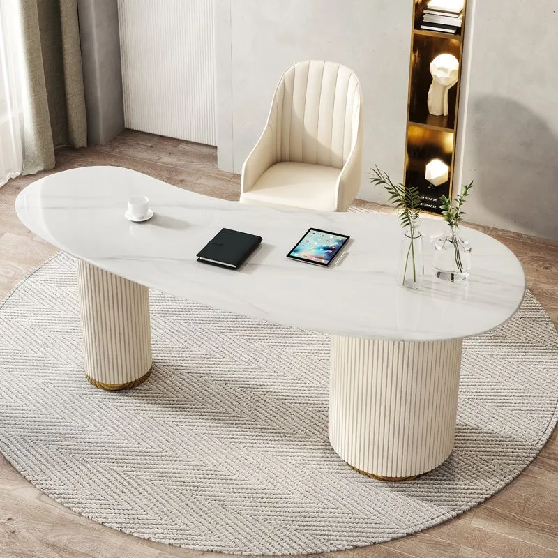 Bureau d'écriture de forme irrégulière, bureau blanc avec 3 tiroirs Clearhalo