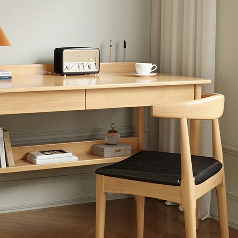 Bureau d'écriture de forme rectangulaire, marron/blanc/naturel, avec 1/2 tiroirs Clearhalo