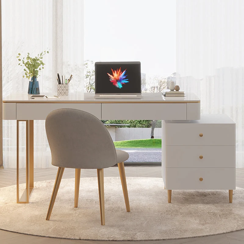 Bureau d'écriture Glam avec plateau en ardoise, 5 tiroirs et base dorée Clearhalo