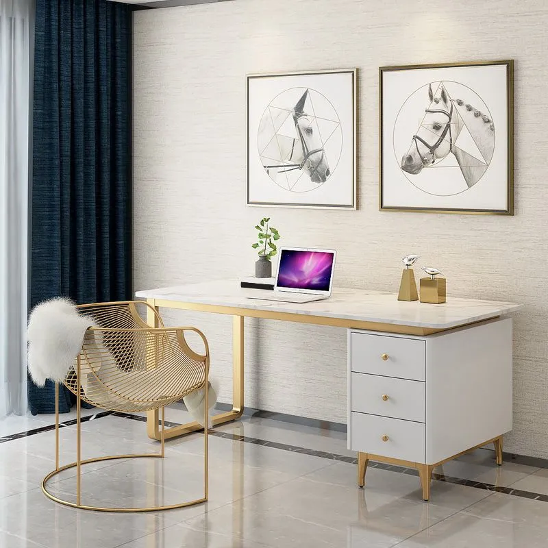 Bureau d'écriture Glam en marbre blanc avec bureau rectangulaire à 3 tiroirs Clearhalo