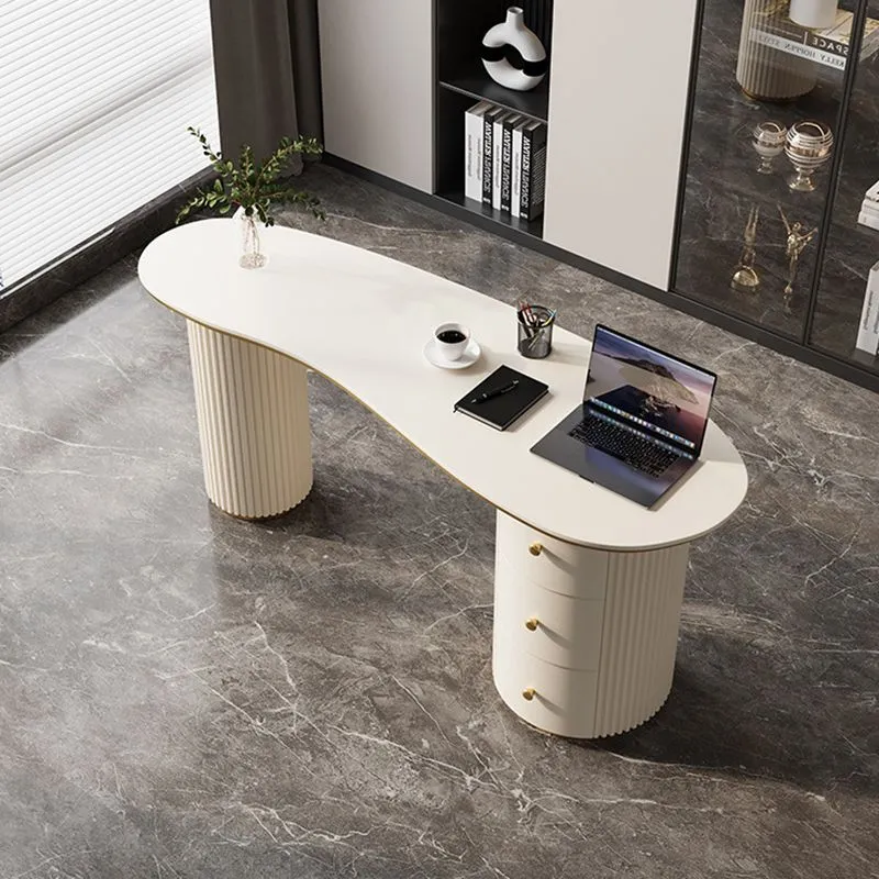 Bureau d'écriture de luxe en marbre léger, bureau d'écriture blanc à 3 tiroirs Clearhalo