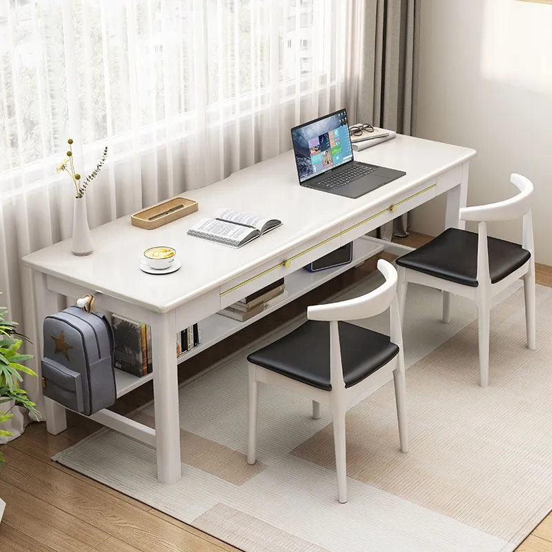 Bureau d'écriture moderne en bois massif, bureau rectangulaire avec 2 tiroirs de rangement Clearhalo