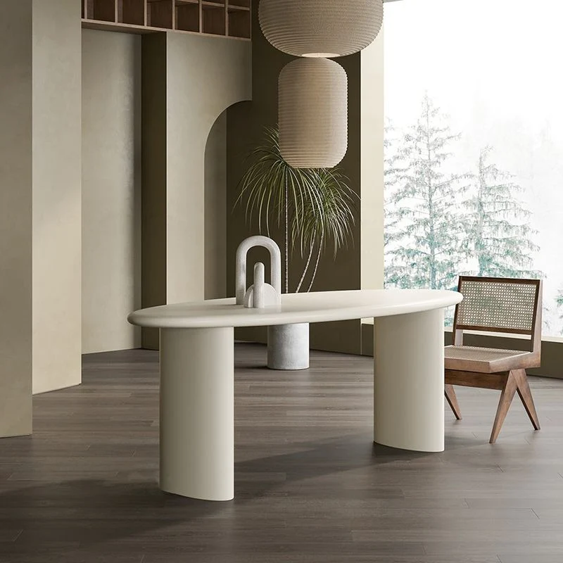 Bureau d'écriture moderne en bois massif, ovale, blanc et beige, Parsons Clearhalo
