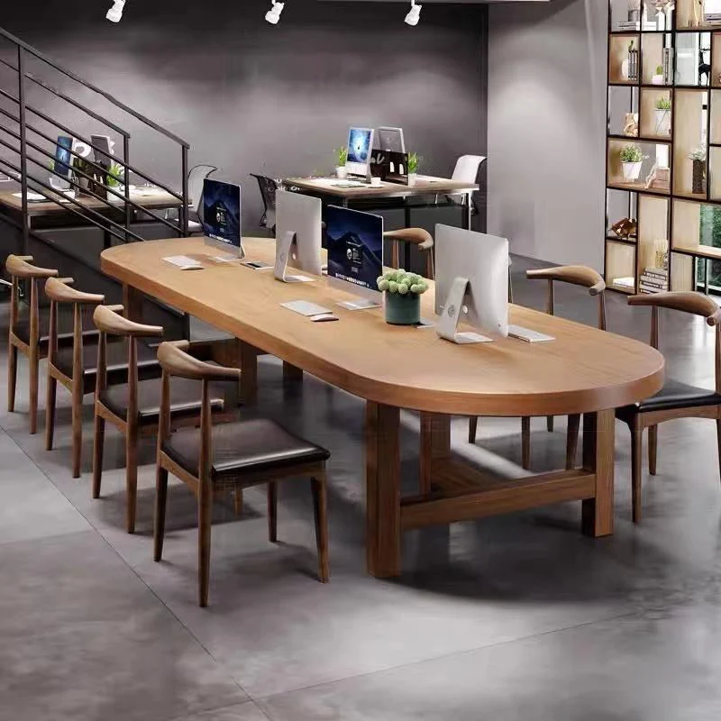 Bureau d'écriture ovale en bois massif, bureau à base de traîneau de style industriel Clearhalo