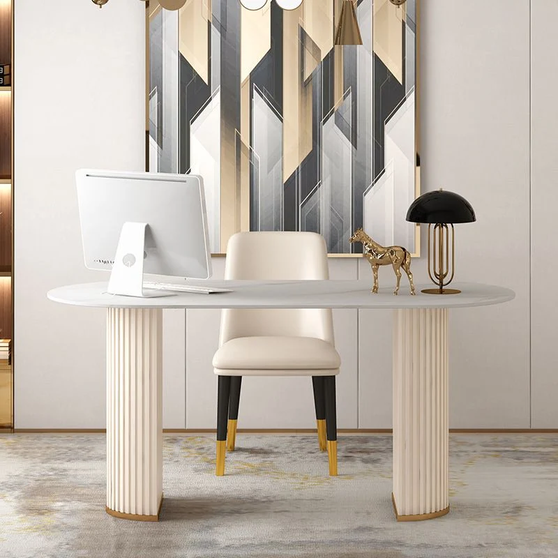 Bureau d'écriture ovale contemporain en pierre, blanc, avec pieds Clearhalo