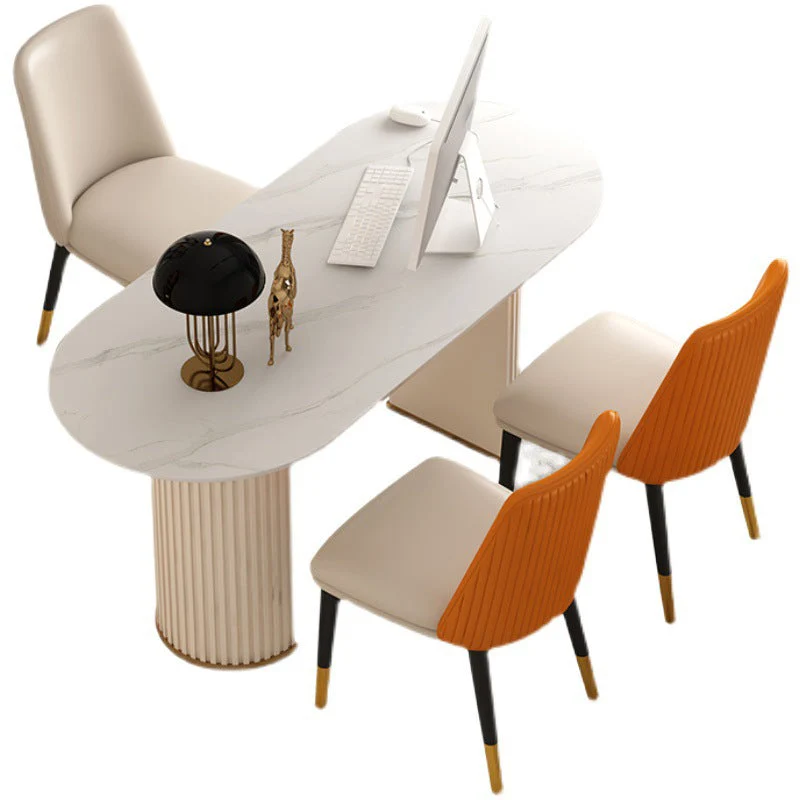 Bureau d'écriture ovale contemporain en pierre, blanc, avec pieds Clearhalo