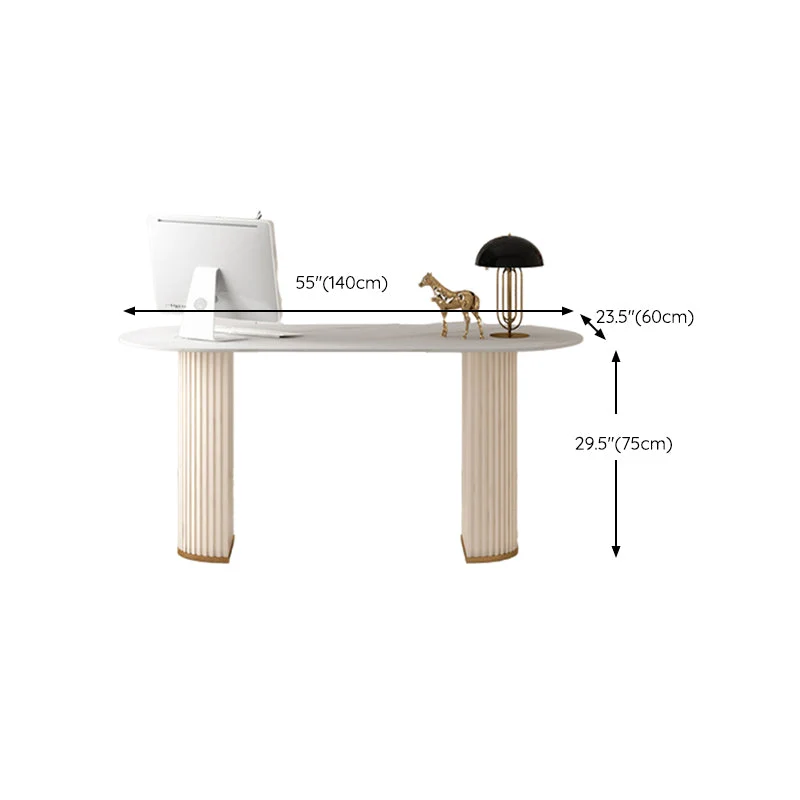 Bureau d'écriture ovale contemporain en pierre, blanc, avec pieds Clearhalo