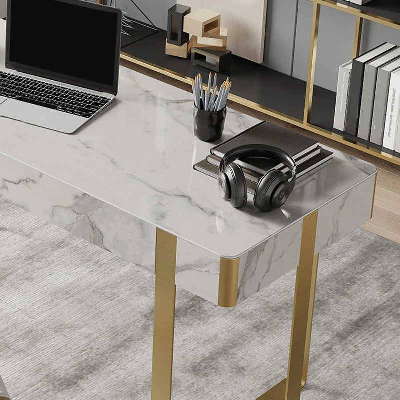 Bureau d'écriture en pierre et acier inoxydable, bureau à 2 tiroirs pour la maison Clearhalo